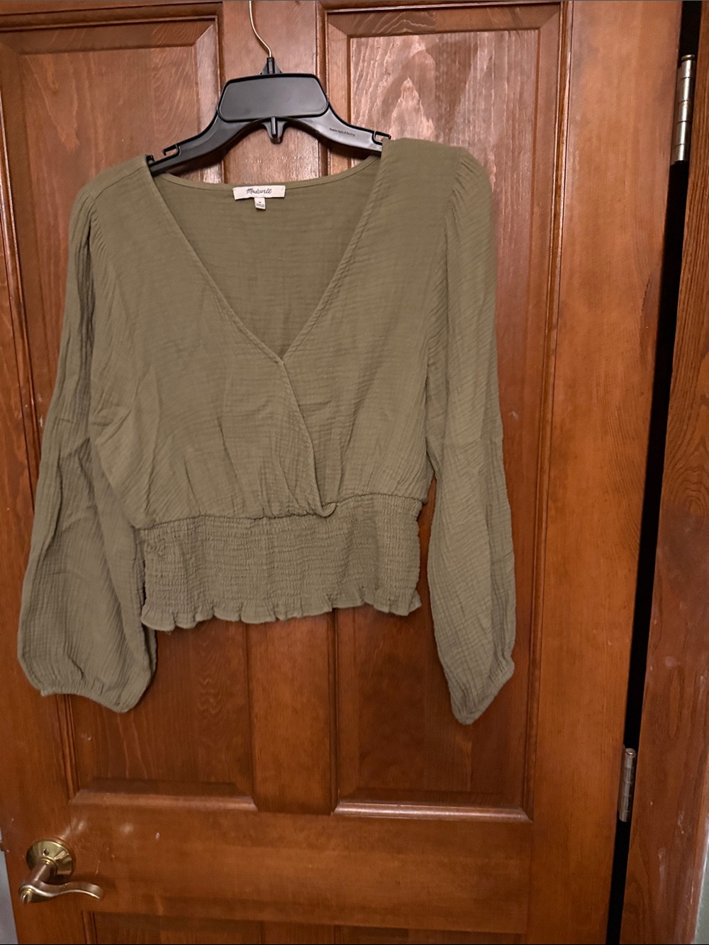 Madewell Olive Green Smocked-Waist V-Neck Crop Top